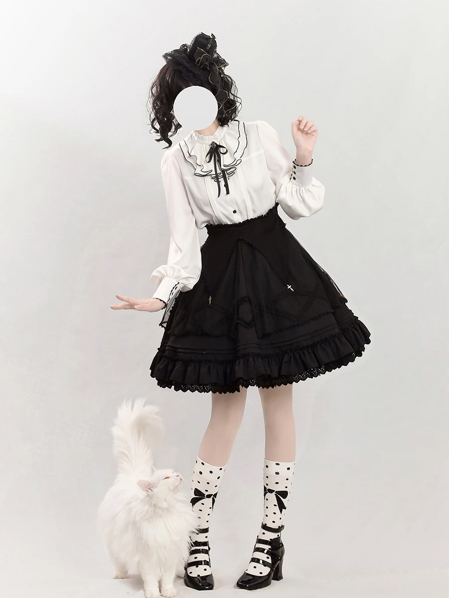 Japanese Style Lolita Cute Skirt Set for Women Elegant 2023 Spring New Sweet Ladies Long Sleeve Ruffles Shirt Black Skirts Suit