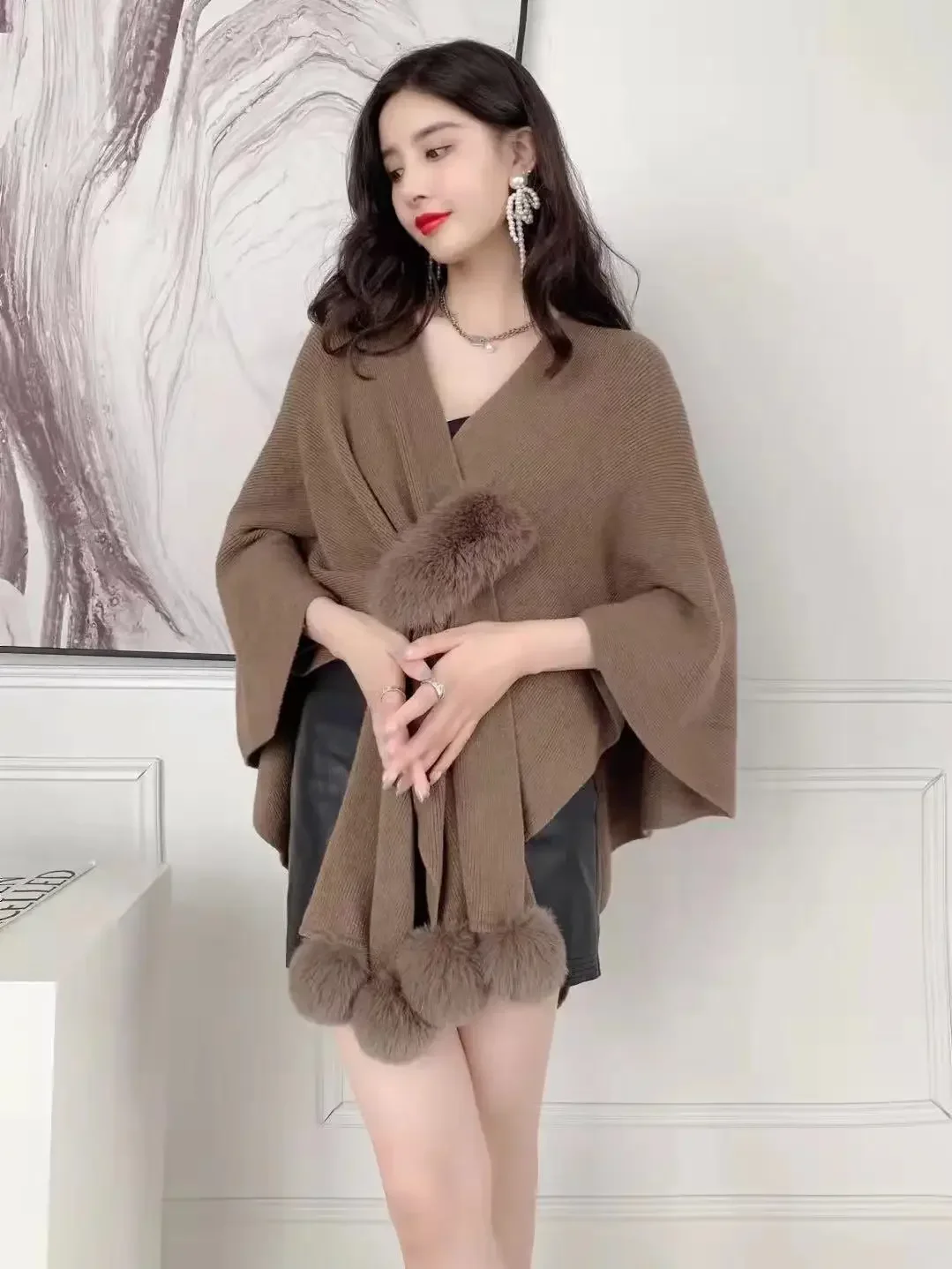 Women V Neck Designer Female Batwing Sleeves Wrap Warm Shawl Knitted Sweater Autumn Knitted Luxury Faux Fur Ball Poncho Knitwear