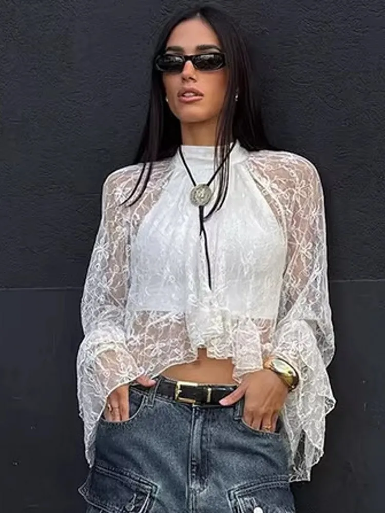 

Женская однотонная кружевная блузка с длинным рукавом, женская блузка, рубашка, офисная элегантная рабочая рубашка, топ Blusas Mujer De Moda 2026