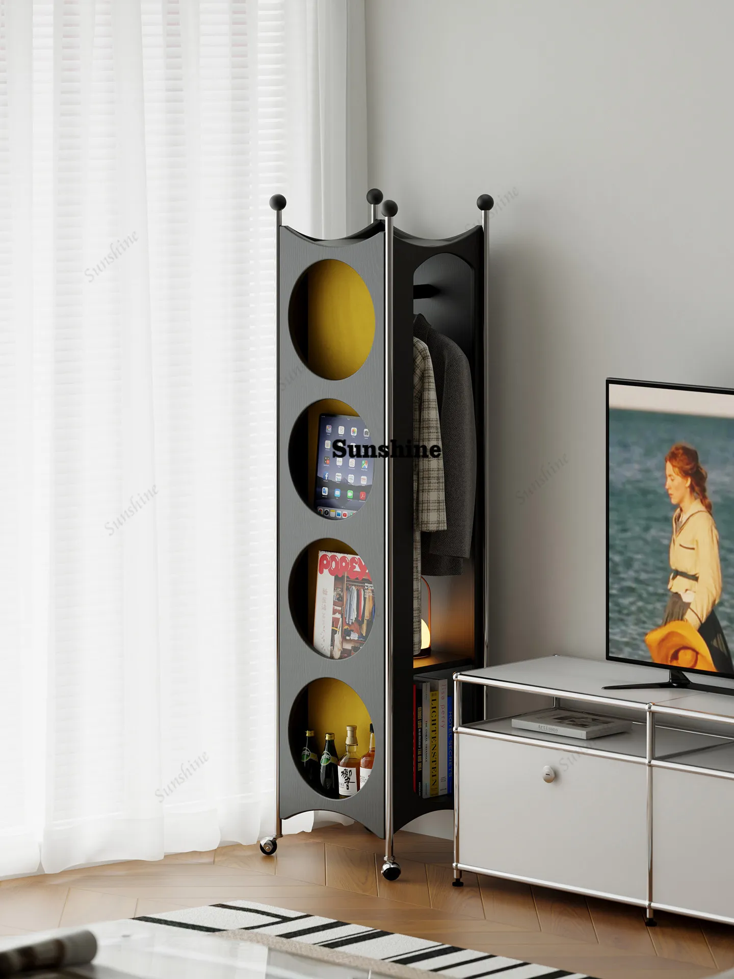 Integrated removable bedroom coat rack floor-to-ceiling rotating hanger full-body mirror
