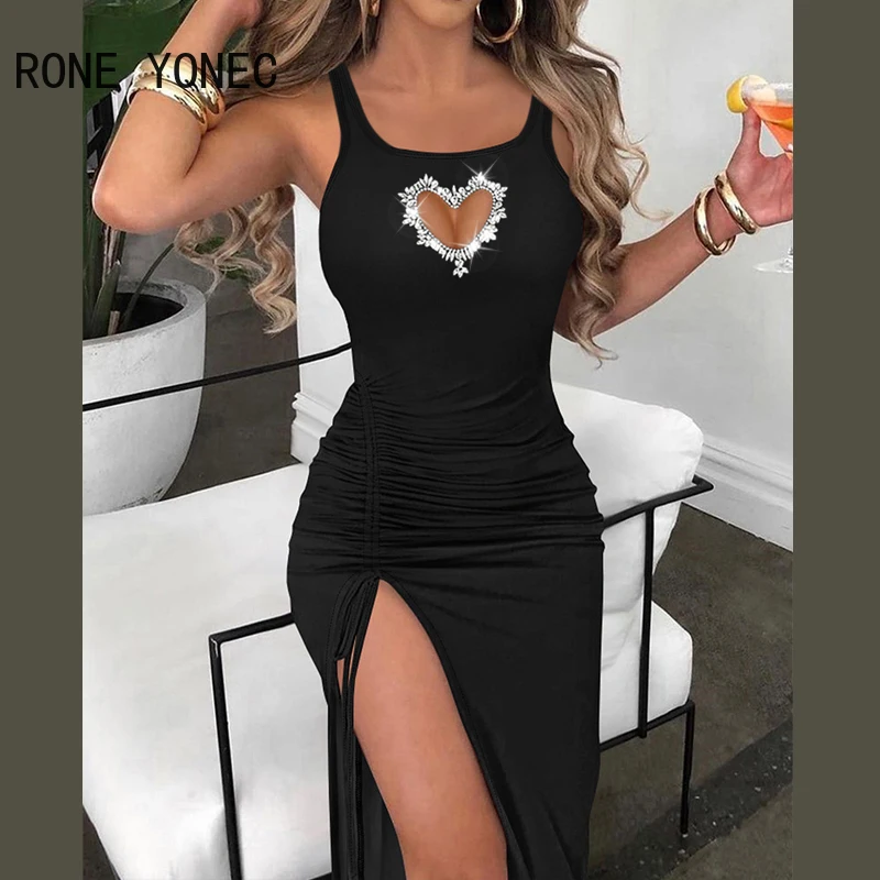 Kobiety jednolita seksowna grube ramiączka Bodycon Maxi Sexy Rhinestone dekoracje serca sukienki