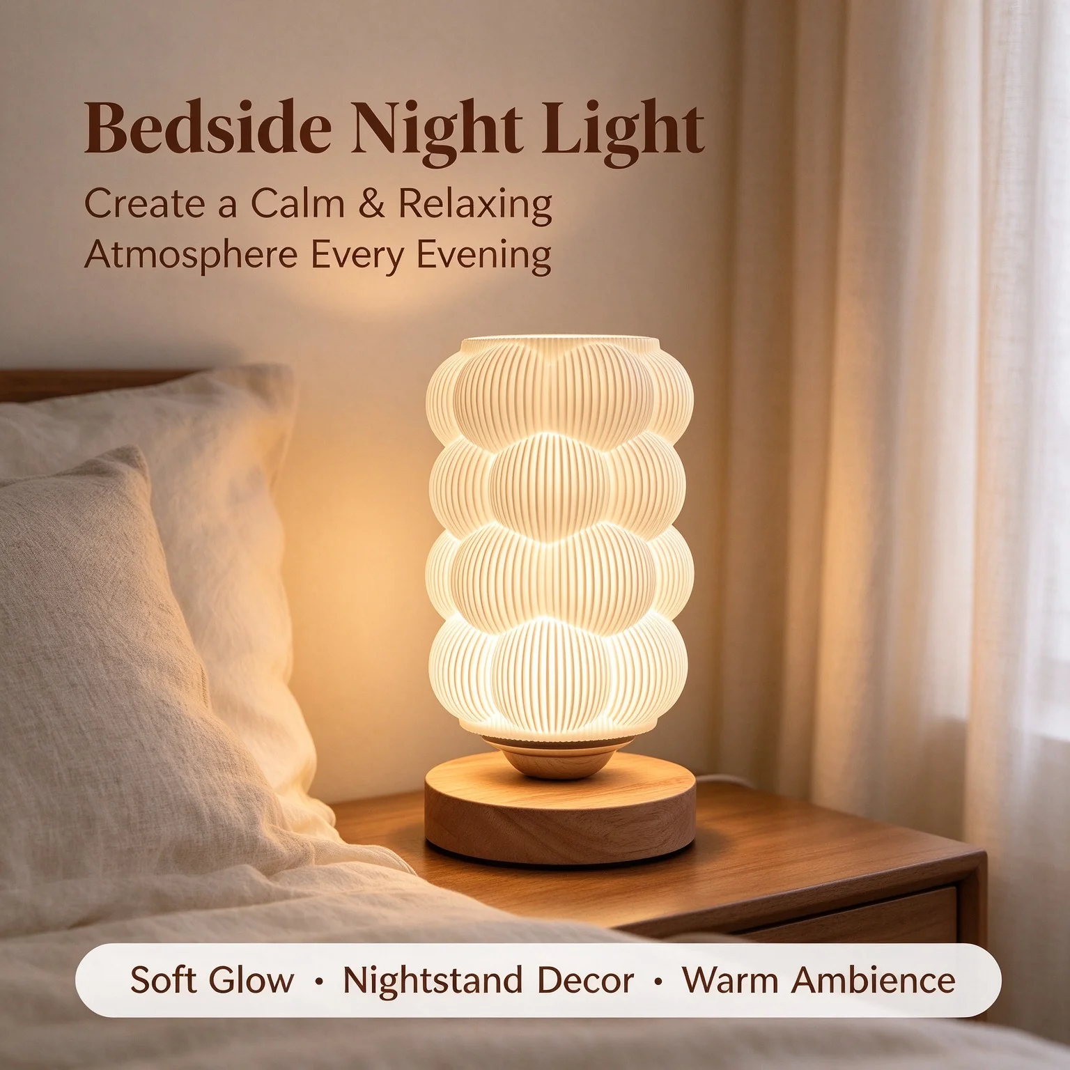 3D Printed Wave Texture Night Lamp for Bedroom Decor Adjustable Lighting Soft Light Three Color Modes USB Rechargeable Home Read