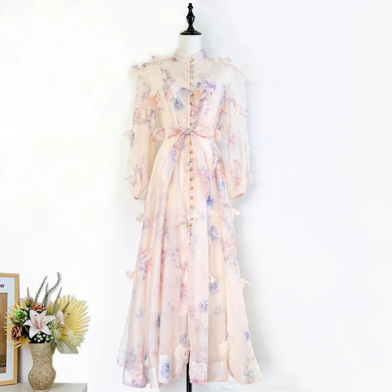 Spring Autumn Stand Collar Lantern Long Sve Printed Embroidered Waist Cinched Dr European Sle Polyester Fiber Long Dr