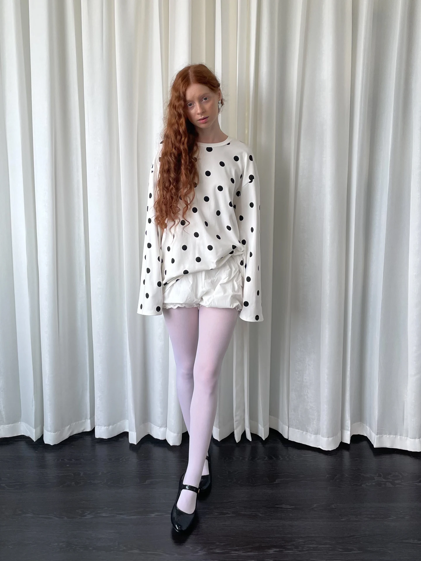 

Loose Fit Polka Dot Long Sve round Ne T-irt Women's Autumn Versatile Slimming Top Comfortable Cotton Casual Sle