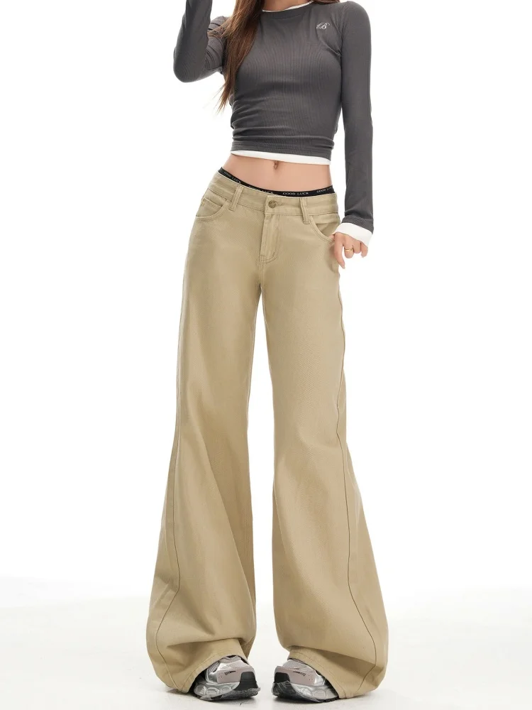 

Джинсы-колокольчики цвета хаки с низкой талией, женские джинсы-боты, новинка 2025, американские ретро, утягивающие джинсы длиной до пола, прямые джинсы