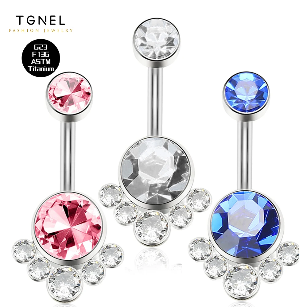 

G23 Titanium Belly Button Rings Hypoallergenic Internally Threaded 14G 10mm Petite Navel Bezel Blue/Pink/White CZ Ring for Women