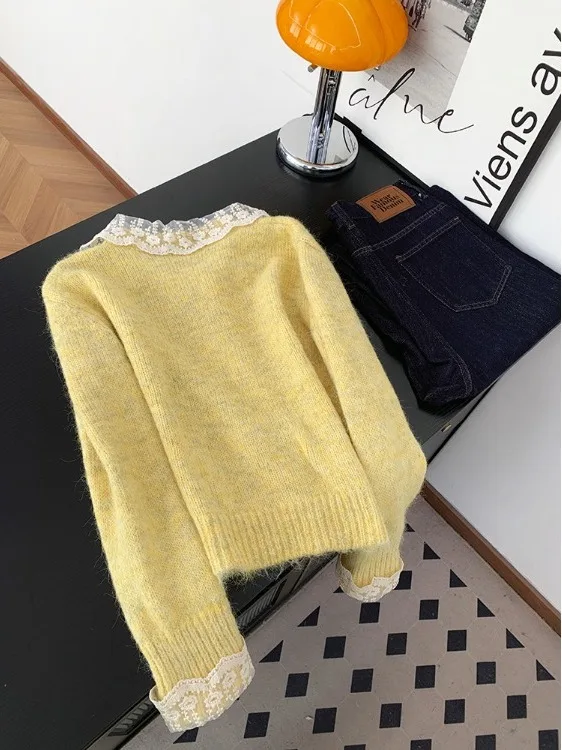 لينة الأصفر الدانتيل تقليم سترة مشغولة من الصوف المرأة الخريف الشتاء ort الحلو الشباب تنوعا سترة مريحة تناسب طويلة Sve