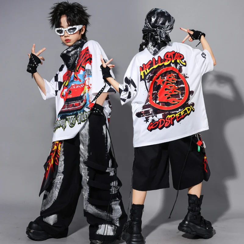 Jungen Hip Hop Kontrast T-shirt Baggy Cargo Hosen Mädchen Street Dance Jazz Kostüm Kinder Kleidung Kinder K-pop Streetwear