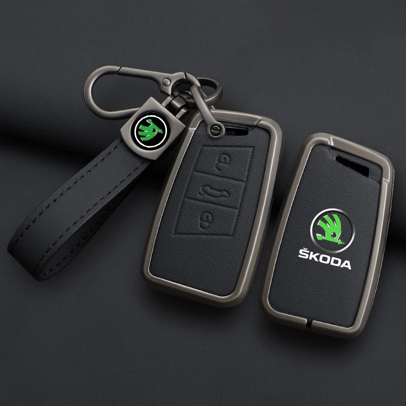 High Quality Fashion Alloy Car Remote Key Case Cover Leather Shell Fob Holder for Skoda Superb A7 Kodiaq Keyless Accessories