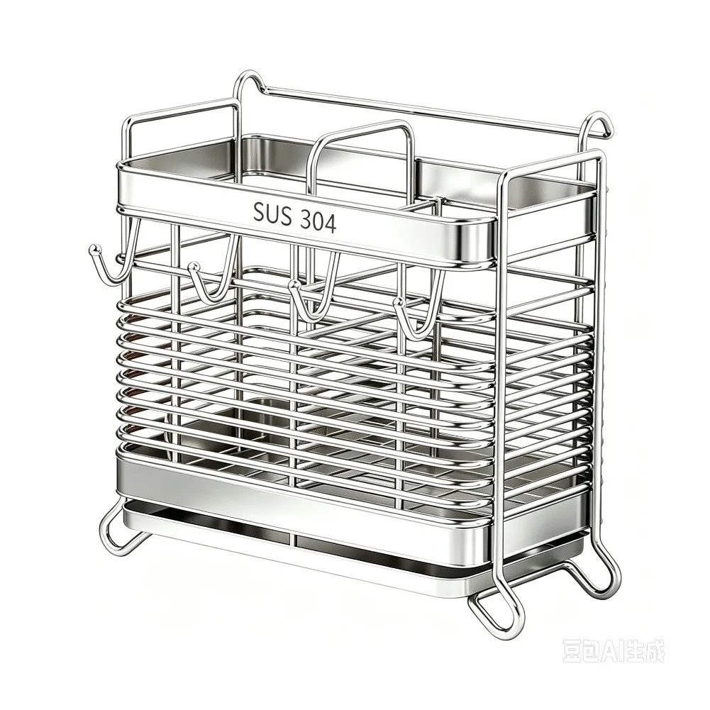 1PCS Practical Cutlery Caddy Chopsticks Spoon Storage Rack With Hooks And Drip Tray Countertop Kitchen Sorting Organizer Supply