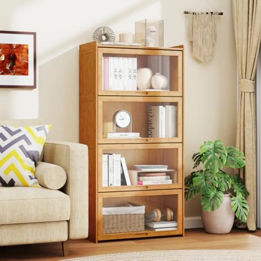 4-Tier Bookcase for Living Room and Study: Bamboo Construction, Natural Color, Clear Flip-up Acrylic Doors, Freestanding Cube S