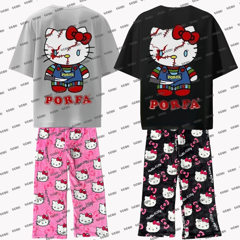 

Hello Kitty, специальная футболка + пижамный комплект на Хэллоуин, мужские брюки, спортивный костюм, повседневный костюм для пар, модная одежда из 2 предметов
