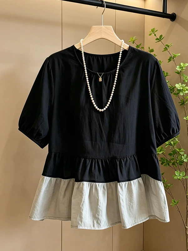 

plus Size Summer New Korean Loose round Neck Splice Back Knot Chiffon Top Women's Daily Wear Short Sleeve Blouse
