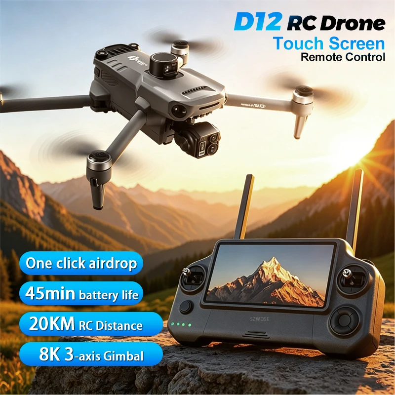 Drone GPS D12 avec caméra professionnelle 8K, cardan brushless 3 axes, transmission numérique 5G, évitement d'obstacles par laser, drone FPV quadricoptère pour adultes, jouets