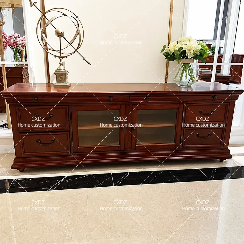 American Style Solid Wood TV Cabinet and Coffee Table Set Retro European Living Room Furniture Floor Storage Cabinet for