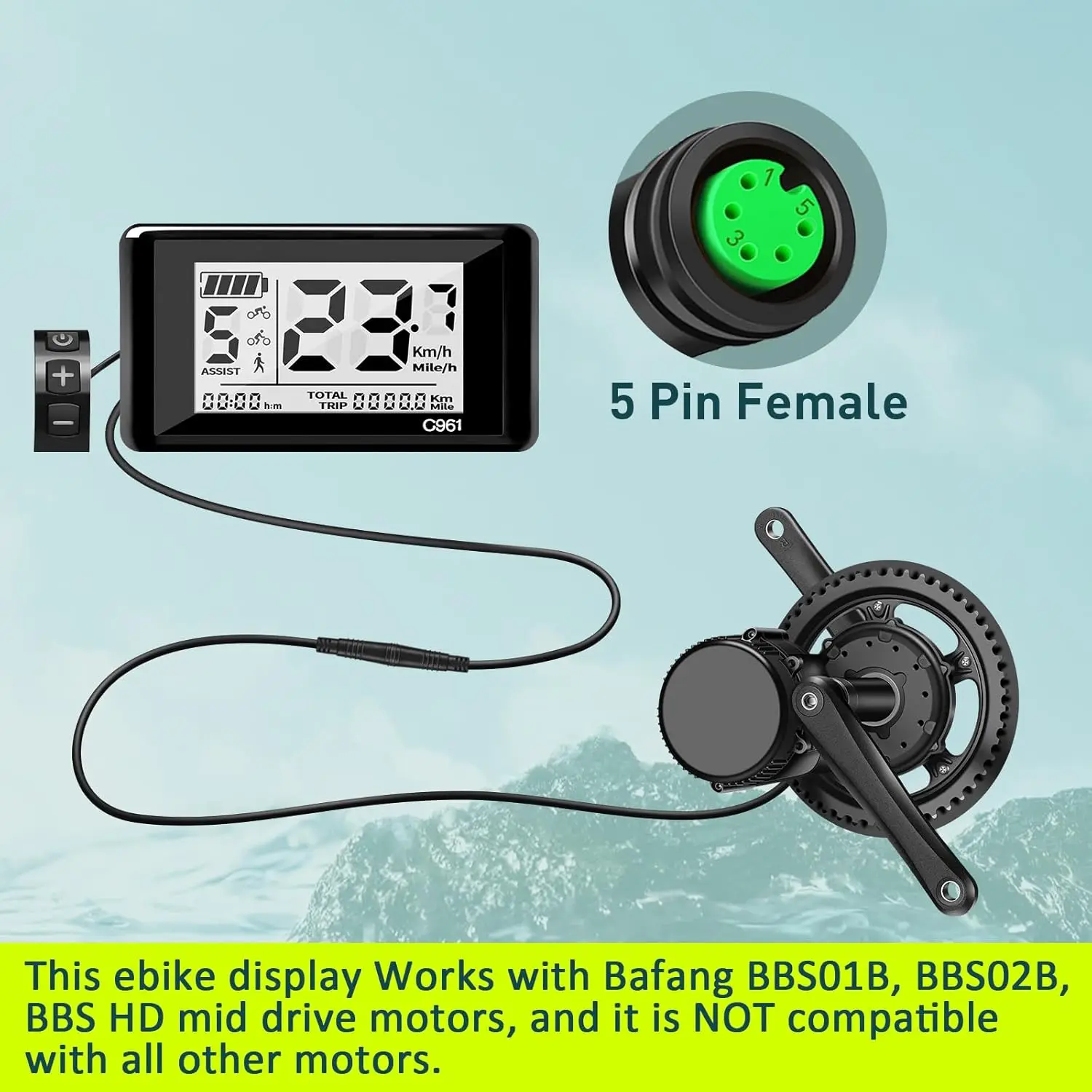 

Nulkomma 5 Pin Female Ebike LCD Display C961 for Bafang BBS01B BBS02B BBSHD Mid Drive Motor, Ebike Display Computer