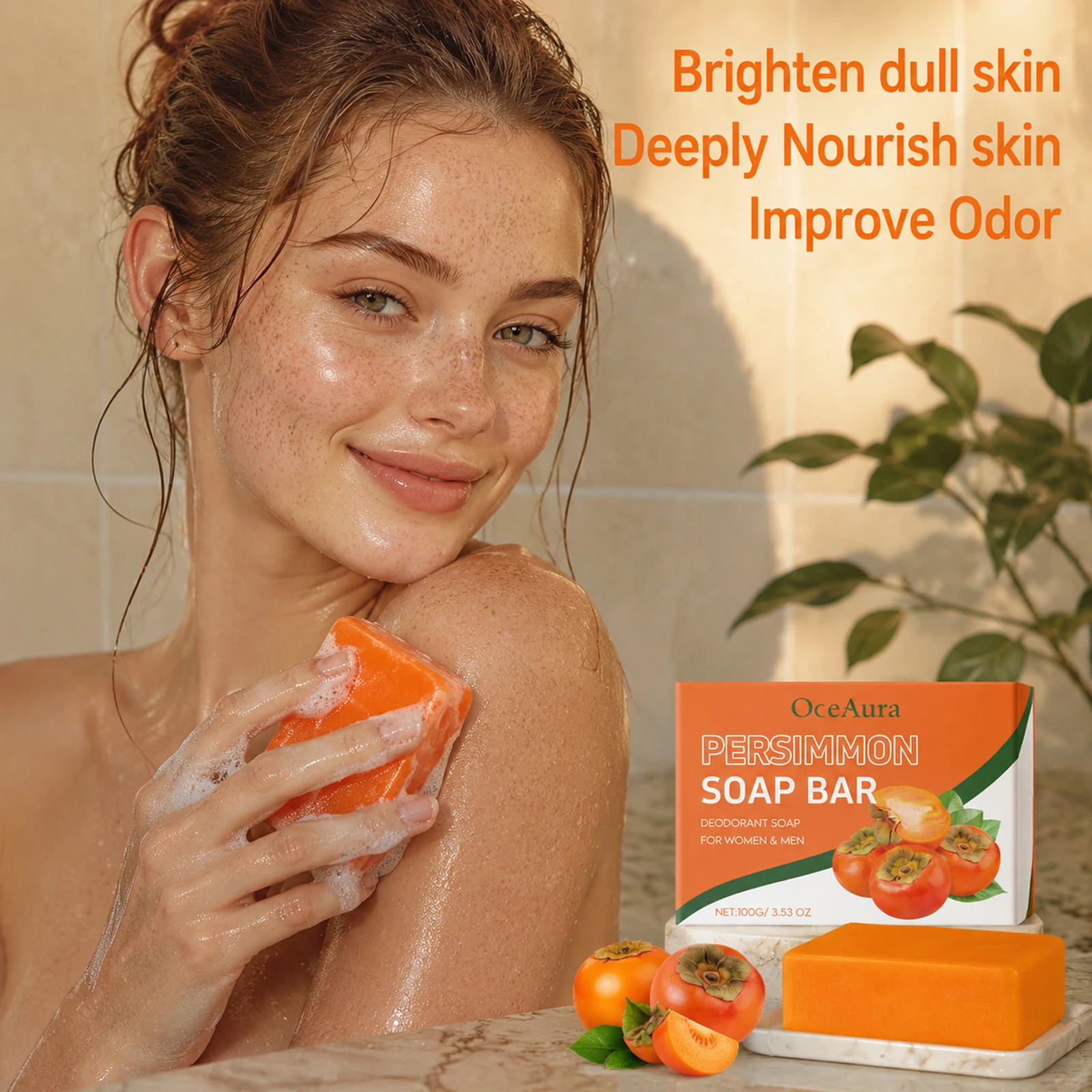 Oceaura Persimmon Soap Bar For Body Odor-Eliminating Oil Control Refreshing Gentle Hydration Persimmon Handmade Soap 100g