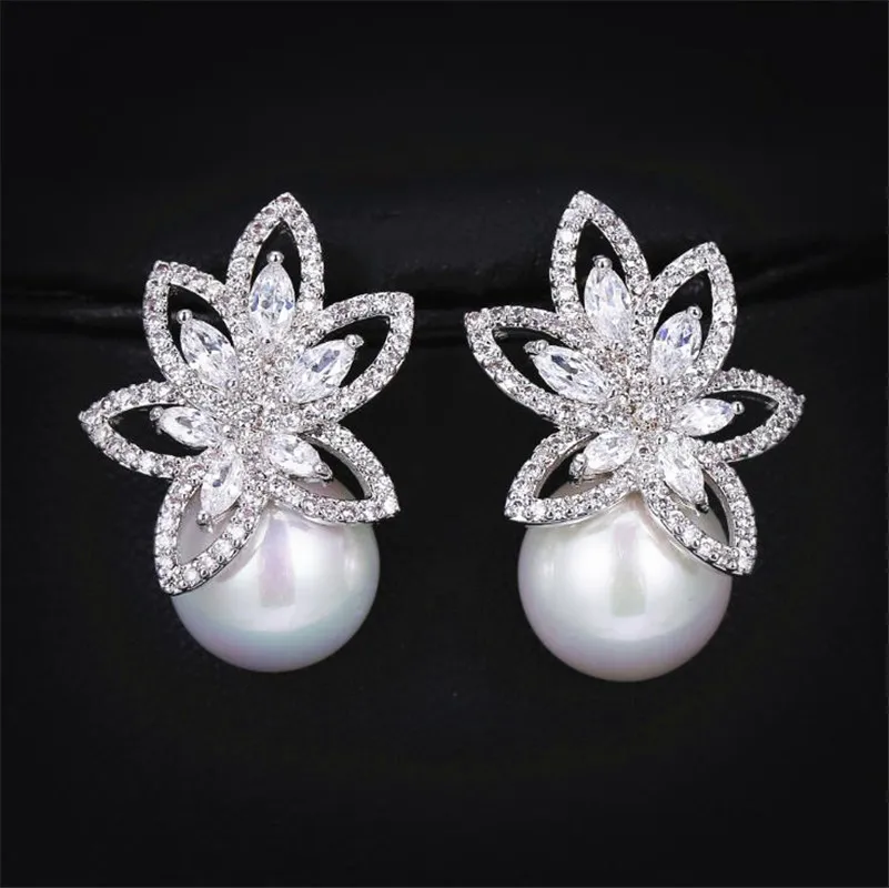 Fashion Imitation Pearl Wedding  Jewelry Elegant Zircnia Crystals Stud Earrings For Women Patry Dress Accessories CE1858