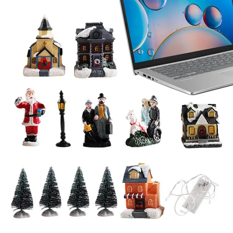 

12 Pcs Christmas Ornament LED Resin Christmas Village Set Statue Decor Santa Claus Pine Needles Snow House Holiday Gift