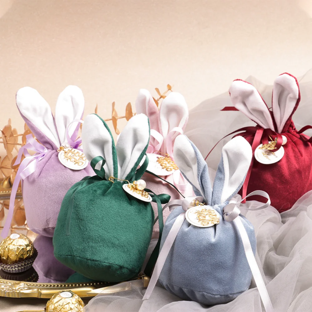 Easter Bags Cute Pink Rabbit Ears Gift Bags 2024 Velvet Packing Candy Bags Valentine's Day Wedding Event Party Decoration