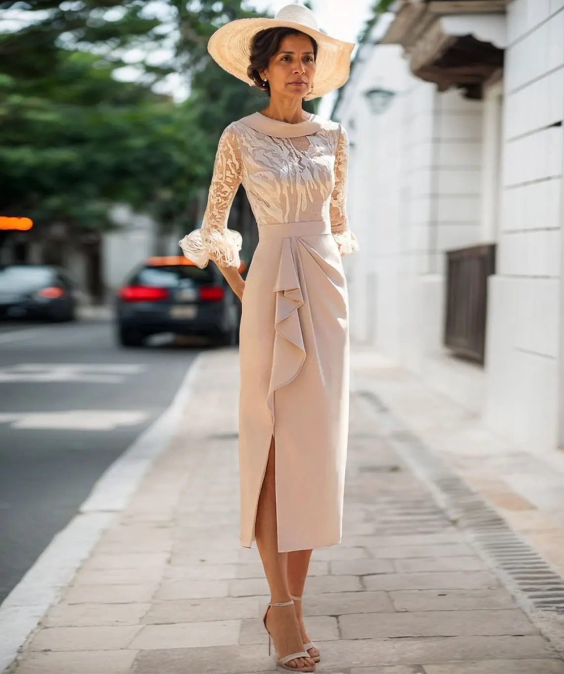 

Elegant Sheath Evening Dress Stretch Fabric High Neck Lace 3/4 Sleeve Feather Tea-Length Wedding Guest Gown 2025 Free Customized