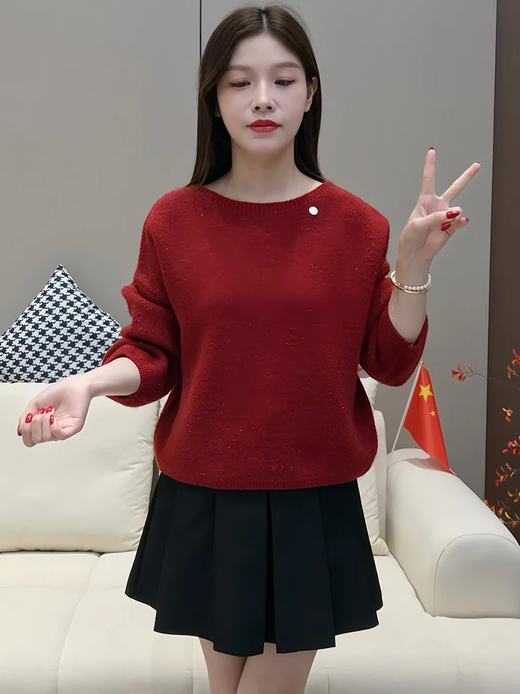 

iny шелковый вязаный свитер юбка с высокой талией комплект из двух предметов круглый Ne женский модный осенне-зимний свободный крой