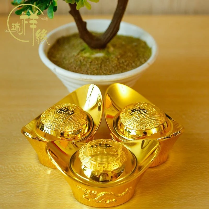 Feng Shui Pure Copper Alloy Imitation Gold Ingot Ornament, Auspicious Dragon And Phoenix, Qing Dynasty Silver Treasury, Hollow A