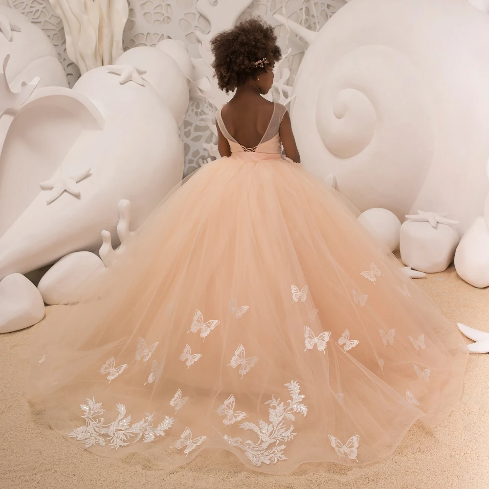 Aangepaste Blush Bloemenmeisje Jurk Voor Bruiloften Vlinder Tiered Peuter Prinses Pageant Jurken Party Kid Prom Dress YFD63