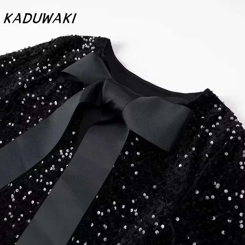 KADUWAKI Elegant V-Neck Bow Decoration Short Dress Autumn Casual Loose Streetwear Long Sleeves Office Lady Fashion Shiny Dresses