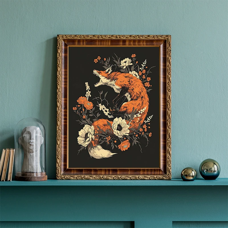 Macabre Cat Fox Bat Amidst Dark Floral Bloom Gothic Posters Prints Canvas Printing Wall Art Picture for Living Room Home Decor