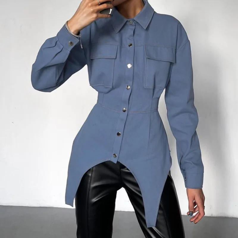 

Female 2024 New OL Fashion Slim Blue Women's Shirt Elegant Lapel Long Sleeve Office Shirts Blouses Bodycon Chic Pockets Tops