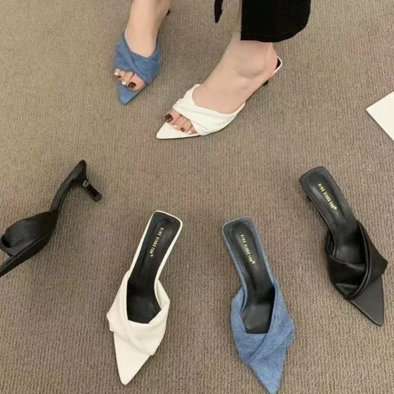 

New Summer Women's Shallow Pointed Toe Thin High Heels Women Slippers Wedding Sandals Fashion Mule Slides Shoes Zapatos Mujer