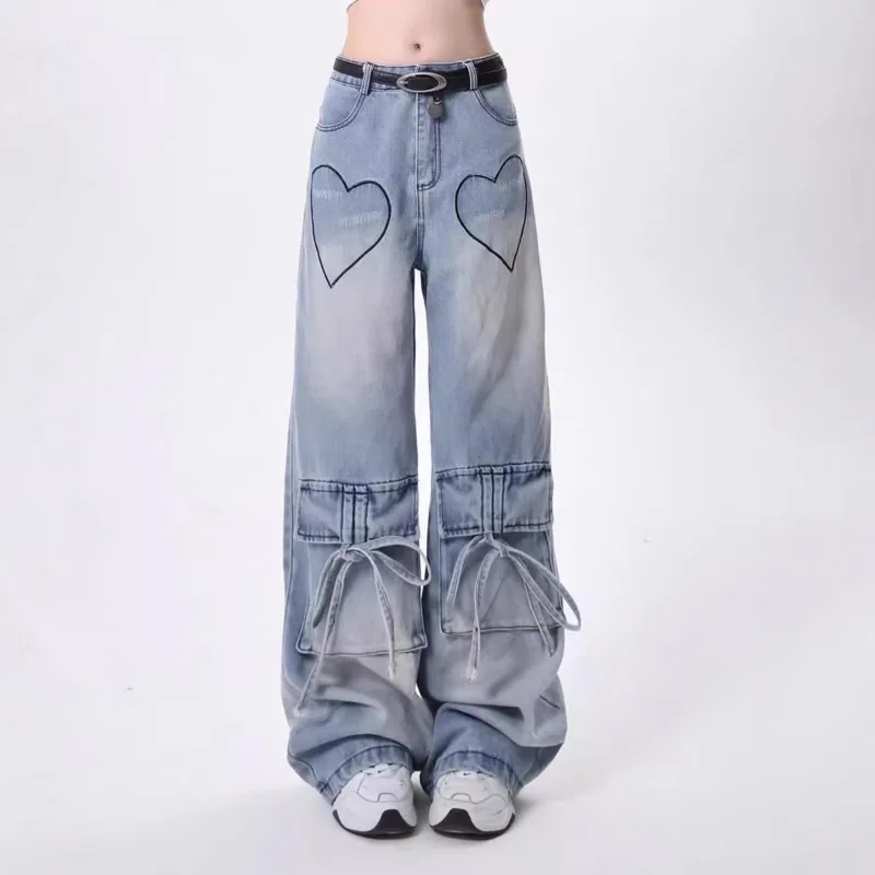 ANJY Spring Autumn New Women American Style Washed Multi-pocket Wide Leg Jeans Loose Casual Distressed Trendy Denim Pants A28037