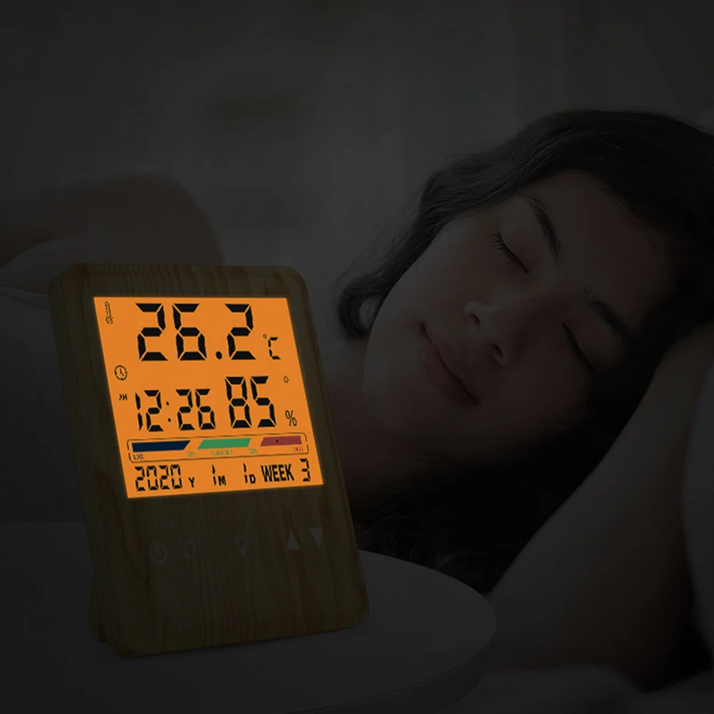 Pantalla Digital con retroiluminación inteligente para interiores, medidor electrónico de temperatura y humedad, despertador, calendario, instrumento de visualización