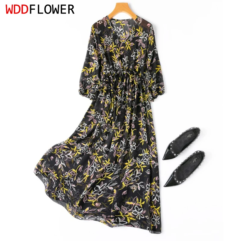 

Women Dress 100% Mulberry Silk Sexy Transparent Black Floral Print V Neck Ruffle High waist Belted Waist Midi Dress M1395