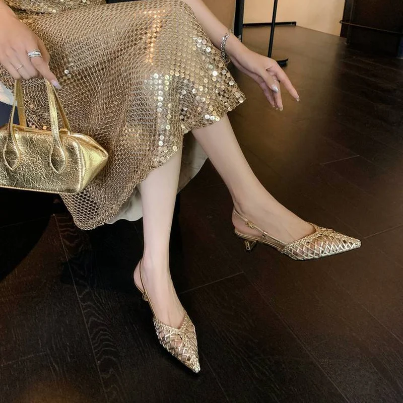 Women Breathable Woven Microfiber Pointed Slingback Block Mid Heel Pumps Hollow Cutout TPR Elegant Summer Daily Office ShoesF212