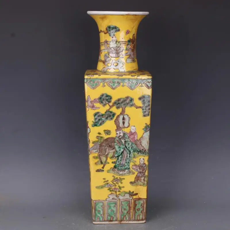 Qing Kangxi Gelbe quadratische Bodenvase, 4-seitige Figur, runde Bodenvase, antikes Porzellan, Heimdekoration, Vasen für Blumen