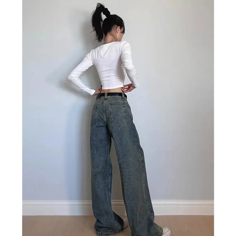 Y2K Blue Jeans Women Design Sense 90S Vintage High Waisted Jean Straight Trouser Streetwear Casual Loose Wide Leg Denim Pants