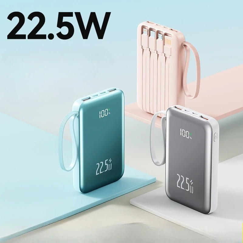 بنك طاقة متنقل صغير جديد بقدرة 20000 مللي أمبير في الساعة مزود بأربعة أسلاك 22.5 شحن سريع لهاتف iPhone Xiaomi