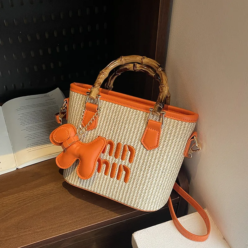 

‌2025 Woven Bucket Bag‌ - Stylish Straw Crossbody Purse with Color Block Design, Women's Casual Shoulder Bag for Spring/Summer