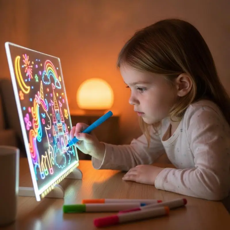 Rechargeable LED Acrylic Drawing Board Night Light, Erasable DIY Note Board With 7 Pens, Creative Painting Toy For Birthday Gif