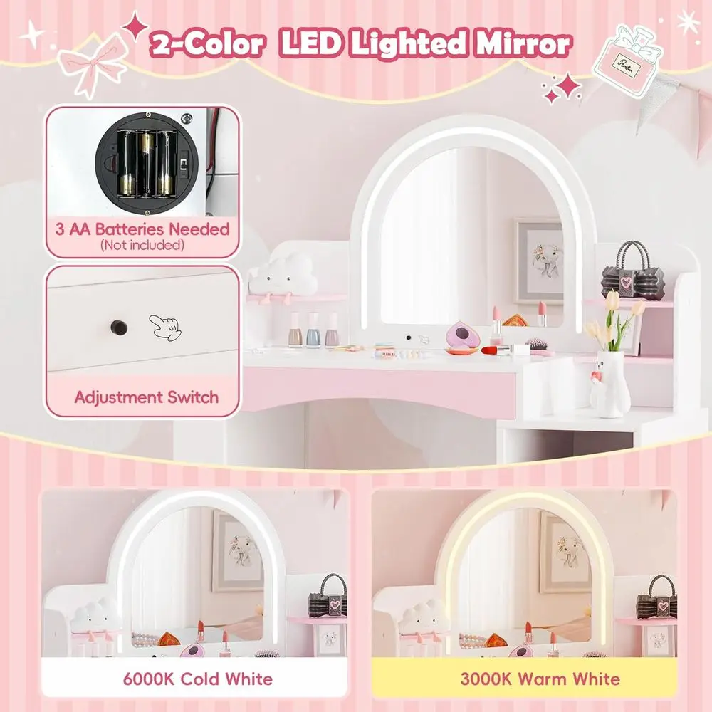 Meja Rias Putri DAFIFY dengan Rak Buku Terbuka, Lemari Penyimpanan, Rak, Set Meja Rias & Kursi 2 in 1 untuk Balita dengan L