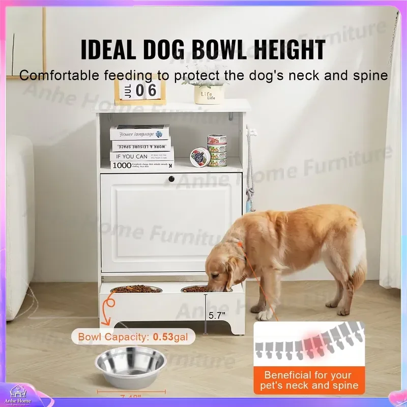 Elevated Dog Feeder Stand with Storage 2 Stainless Steel Bowls Pet Food Station Adjustable Height Puppy Cat Bowl Holder
