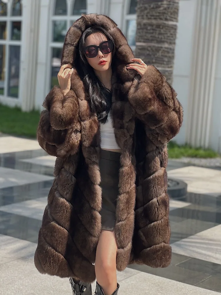 2024 Autumn and Winter New Genuine fox fur hooded coat for women Frost sable Color Outwear