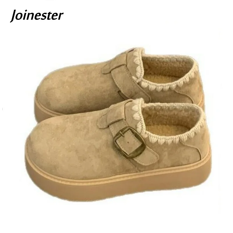 

Round Toe Cow Suede Pure Color Loafer for Winter Trifle Heel Short Plush Warm Shoe Girl Concise Style Casual Travel Shoe