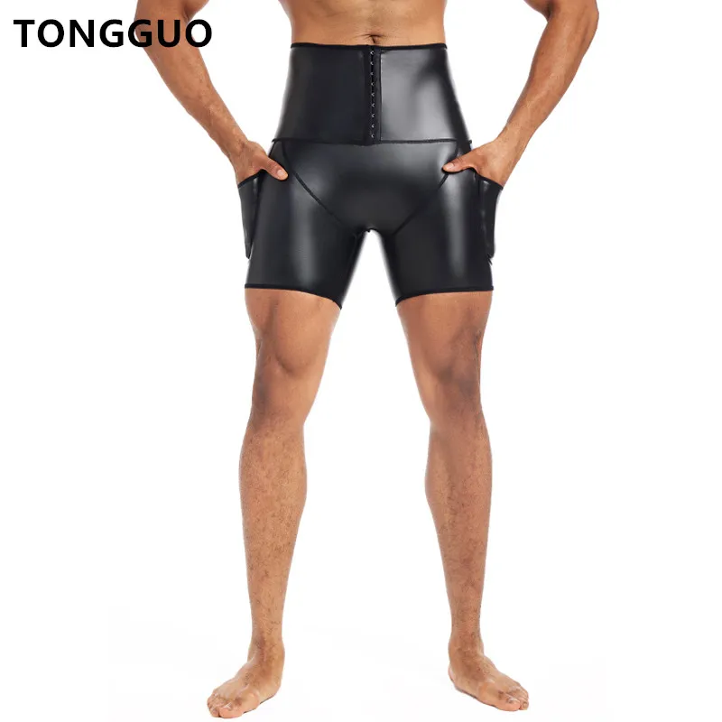 

New style Stretch Faux Leather Pants Body Shaper Waist Trainer High Waist Abdomen 3 Hooks Compression Leather Shorts with Pocket