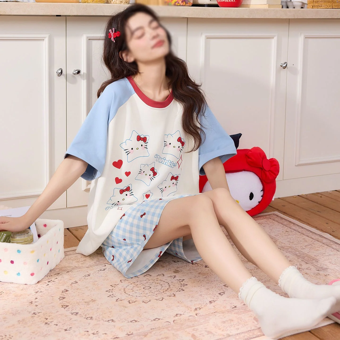 

Милый пижамный комплект Sanrio Hello Kitty, студенческая пижама с шортами и короткими рукавами, пижама с милым мультяшным рисунком, летняя ночная рубашка, домашний костюм