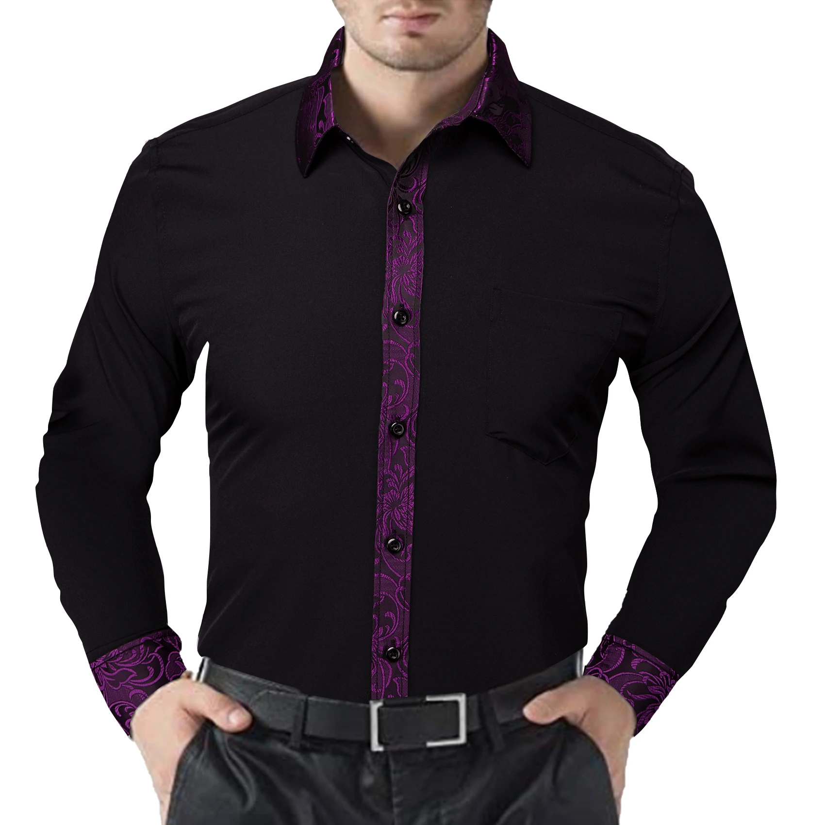 Designer Shirts for Men Silk Long Sleeve Black Patch Purple Flower Spring Autumn Slim Fit Male Blouses Casual Tops Barry Wang