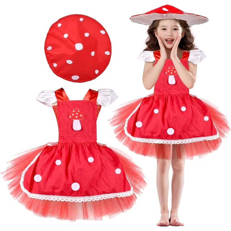 

Girls Cute Mushroom Cosplay Costume Tutu Dress with Red Hat Suit Tulle Dresses Princess Outfits Halloween Birthday Party Gifts