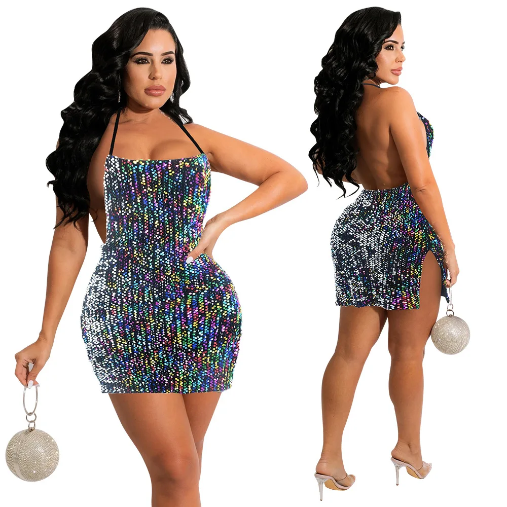 

New Arrival Sexy Sequin Decor Backless Mini Dress Sparkle Glitter Halter Neck Sleevess Split Side Hem Bodycon Dress